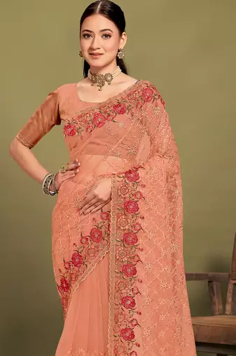 Peach sequin embroidered work designer net saree for women