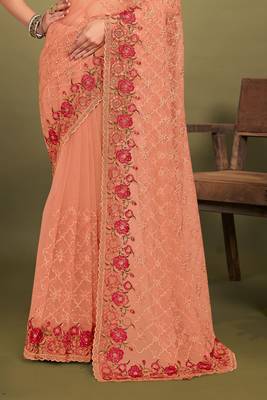 Peach sequin embroidered work designer net saree for women 4