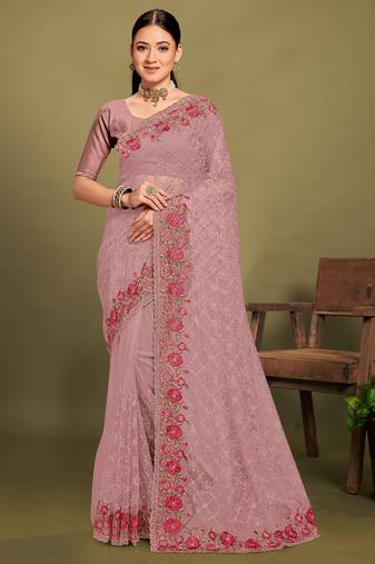 Lavender sequin embroidered work designer net saree for women
