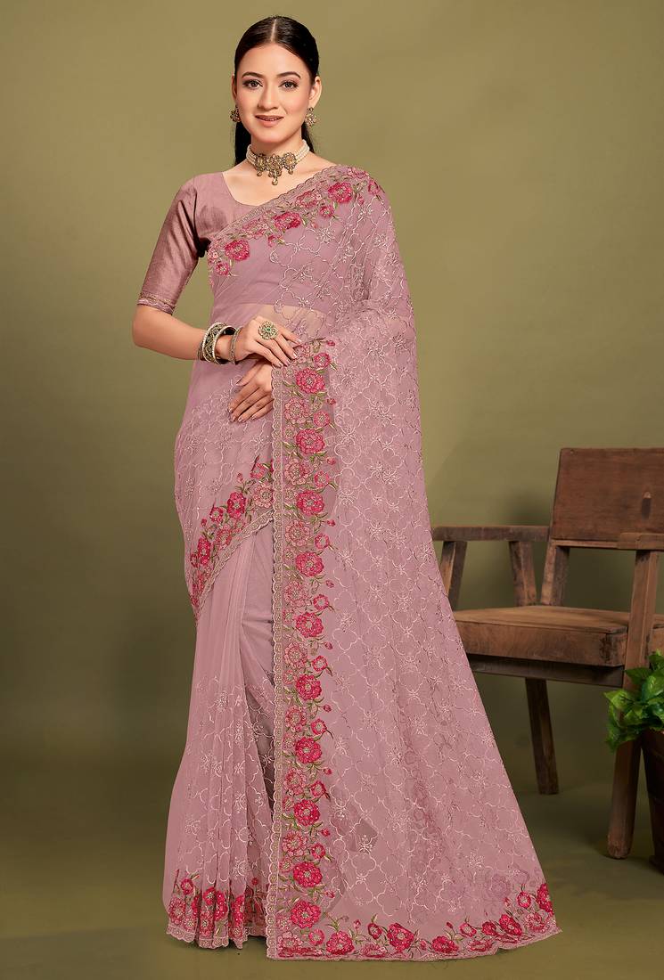 Lavender sequin embroidered work designer net saree for women