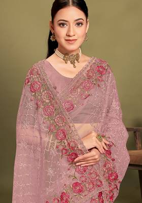 Lavender sequin embroidered work designer net saree for women 2