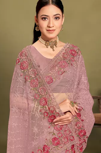 Lavender sequin embroidered work designer net saree for women