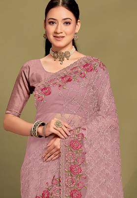 Lavender sequin embroidered work designer net saree for women 3