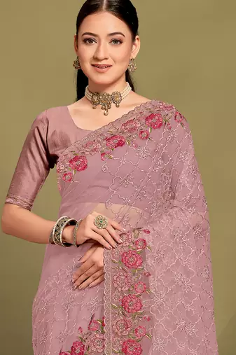 Lavender sequin embroidered work designer net saree for women