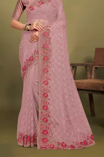 Lavender sequin embroidered work designer net saree for women