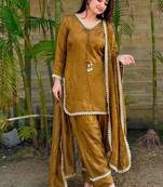 New trendy elegant gold chanderi silk kurta set with delicate lace detailing and matching dupatta