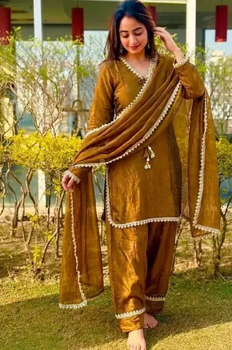  gold chanderi silk kurta set with delicate lace detailing and matching dupatta