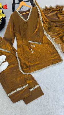  gold chanderi silk kurta set with delicate lace detailing and matching dupatta 4