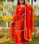 New trendy elegant orange chanderi silk kurta set with delicate lace detailing and matching dupatta