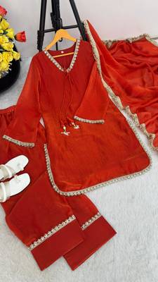 New trendy elegant orange chanderi silk kurta set with delicate lace detailing and matching dupatta 4