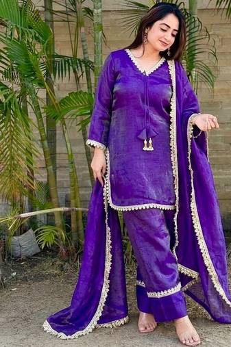 New trendy elegant jambli chanderi silk kurta set with delicate lace detailing and matching dupatta