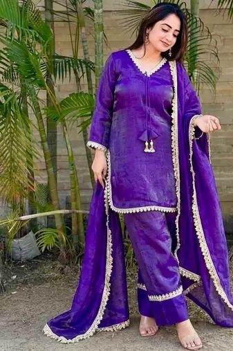 New trendy elegant jambli chanderi silk kurta set with delicate lace detailing and matching dupatta