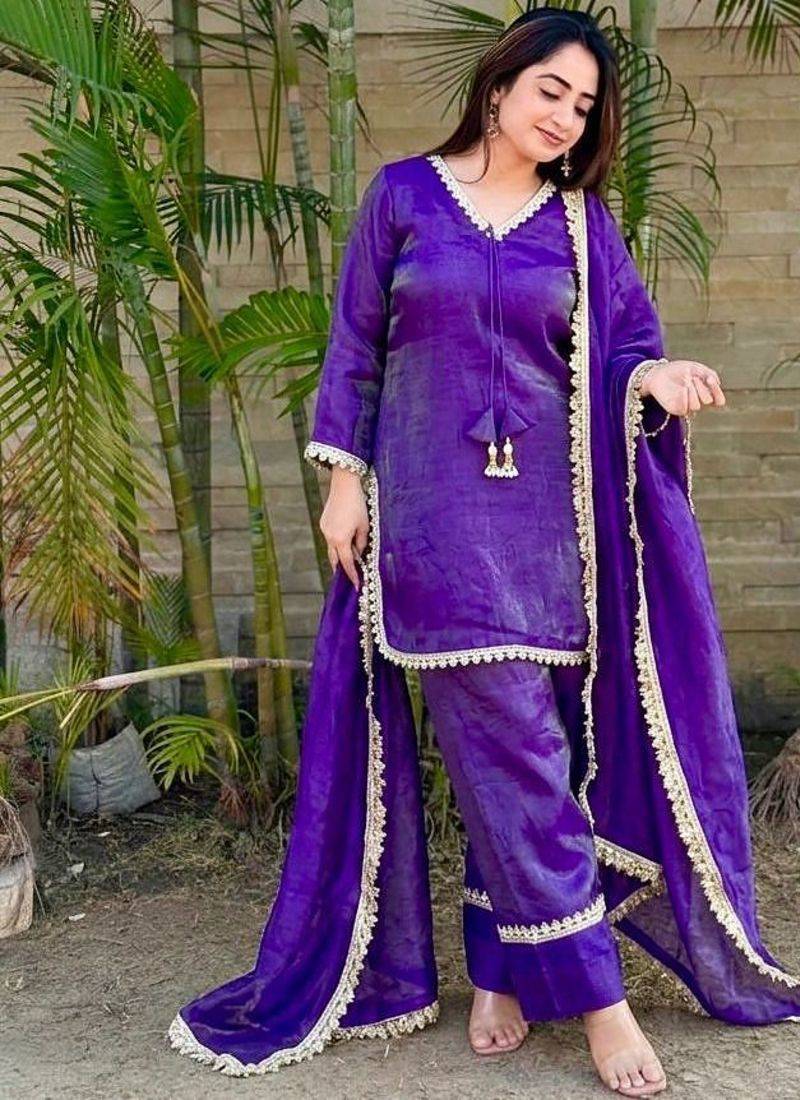 New trendy elegant jambli chanderi silk kurta set with delicate lace detailing and matching dupatta