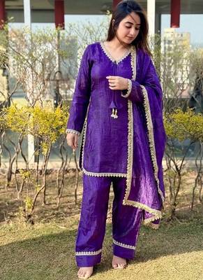 New trendy elegant jambli chanderi silk kurta set with delicate lace detailing and matching dupatta 3