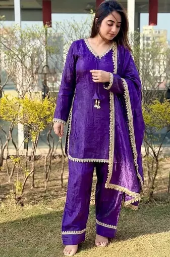 New trendy elegant jambli chanderi silk kurta set with delicate lace detailing and matching dupatta