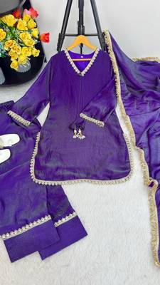 New trendy elegant jambli chanderi silk kurta set with delicate lace detailing and matching dupatta 4