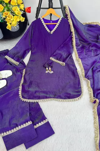 New trendy elegant jambli chanderi silk kurta set with delicate lace detailing and matching dupatta