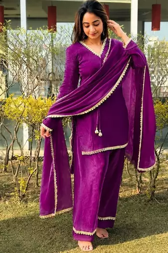 New trendy elegant wine chanderi silk kurta set with delicate lace detailing and matching dupatta