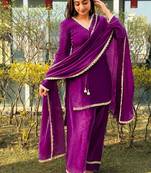 New trendy elegant wine chanderi silk kurta set with delicate lace detailing and matching dupatta