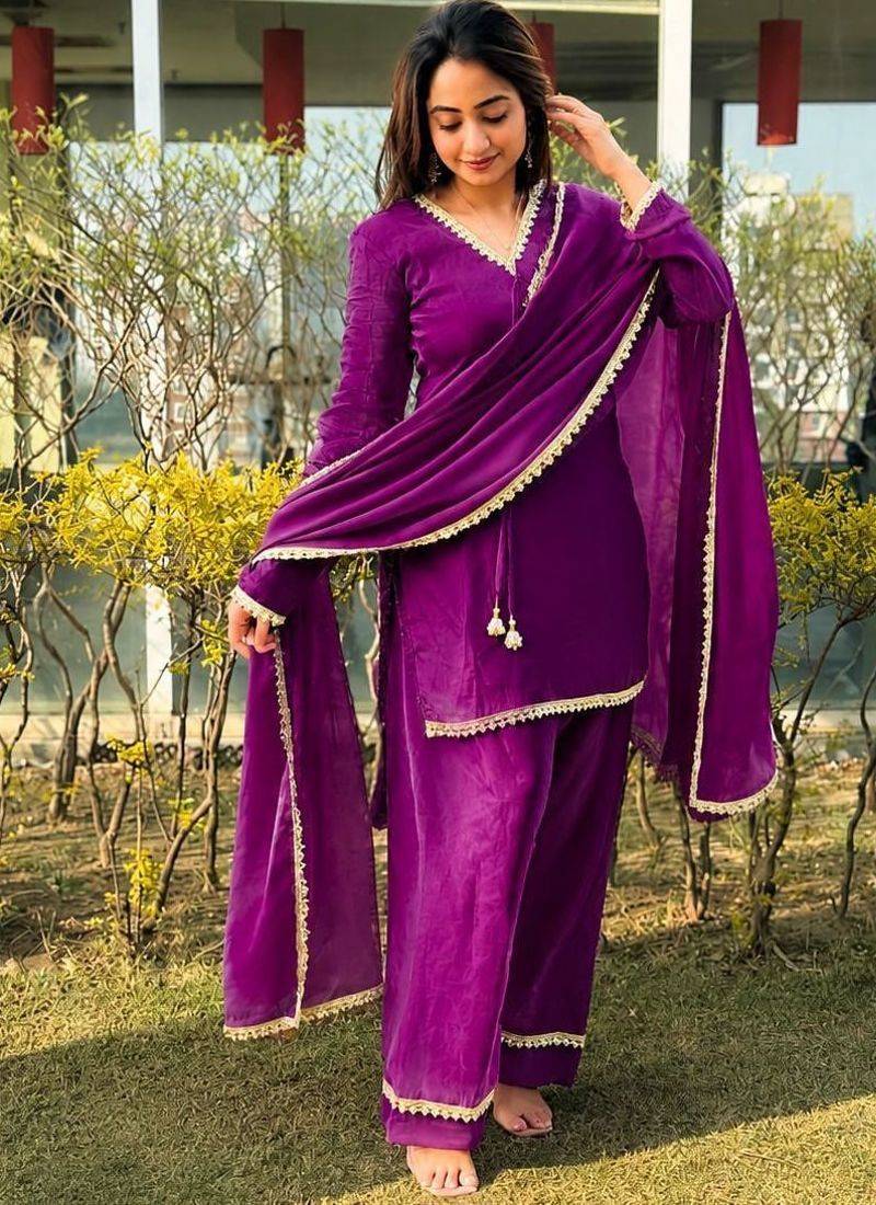 New trendy elegant wine chanderi silk kurta set with delicate lace detailing and matching dupatta
