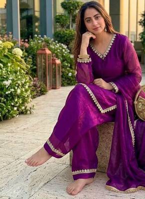 New trendy elegant wine chanderi silk kurta set with delicate lace detailing and matching dupatta 2