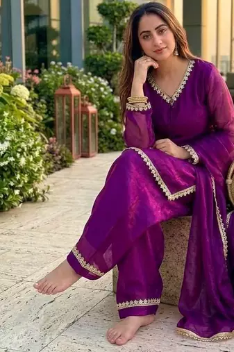 New trendy elegant wine chanderi silk kurta set with delicate lace detailing and matching dupatta