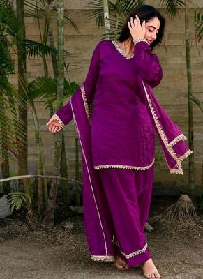New trendy elegant wine chanderi silk kurta set with delicate lace detailing and matching dupatta 3