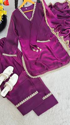New trendy elegant wine chanderi silk kurta set with delicate lace detailing and matching dupatta 4