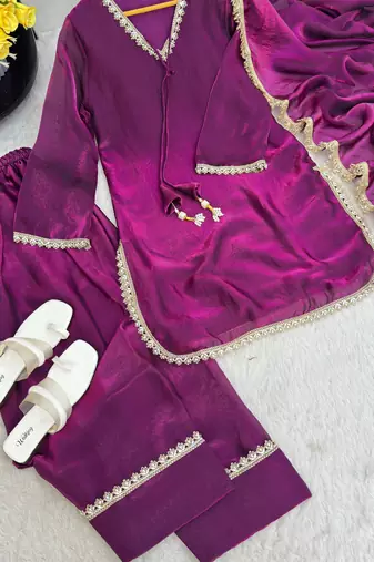 New trendy elegant wine chanderi silk kurta set with delicate lace detailing and matching dupatta