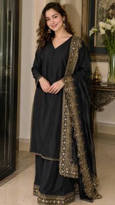  black festive kurta set with gold zari border palazzo and dupatta 1