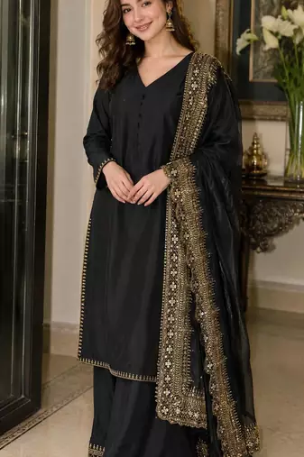 New latest stylish classic black festive kurta set with gold zari border palazzo and dupatta