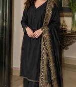 New latest stylish classic black festive kurta set with gold zari border palazzo and dupatta