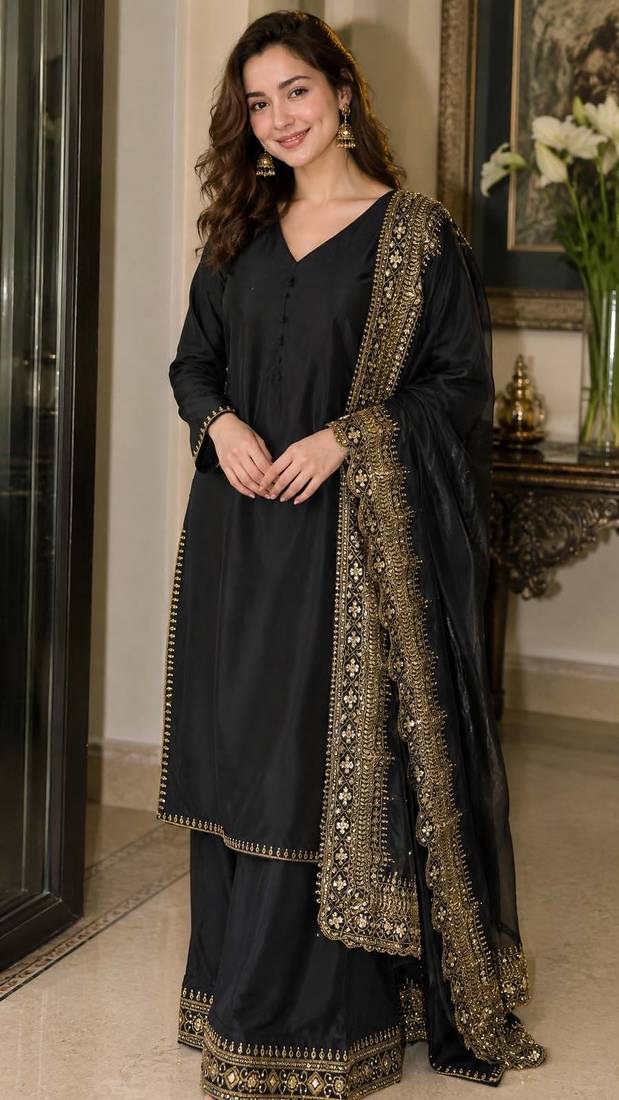 New latest stylish classic black festive kurta set with gold zari border palazzo and dupatta