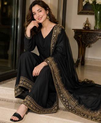  black festive kurta set with gold zari border palazzo and dupatta 2