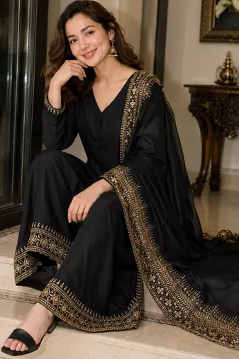 New latest stylish classic black festive kurta set with gold zari border palazzo and dupatta