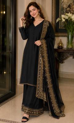  black festive kurta set with gold zari border palazzo and dupatta 3