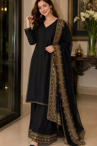 New latest stylish classic black festive kurta set with gold zari border palazzo and dupatta