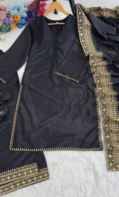  black festive kurta set with gold zari border palazzo and dupatta 4