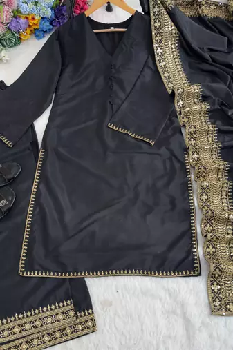 New latest stylish classic black festive kurta set with gold zari border palazzo and dupatta