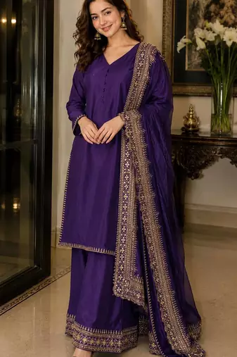 New latest stylish classic jambli festive kurta set with gold zari border palazzo and dupatta