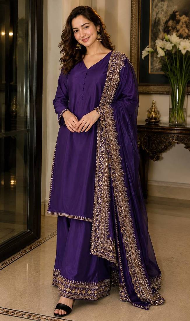 New latest stylish classic jambli festive kurta set with gold zari border palazzo and dupatta