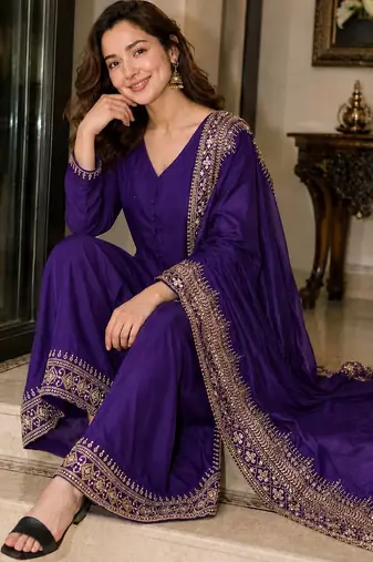 New latest stylish classic jambli festive kurta set with gold zari border palazzo and dupatta