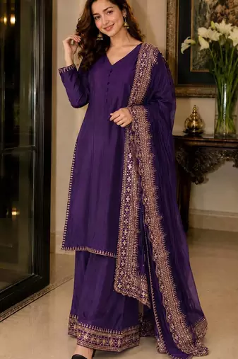 New latest stylish classic jambli festive kurta set with gold zari border palazzo and dupatta