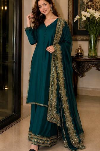  rama festive kurta set with gold zari border palazzo and dupatta