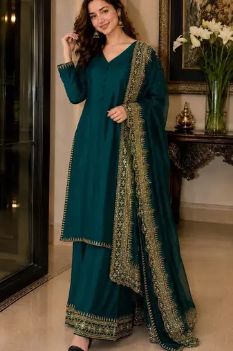 New latest stylish classic rama festive kurta set with gold zari border palazzo and dupatta