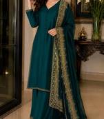 New latest stylish classic rama festive kurta set with gold zari border palazzo and dupatta