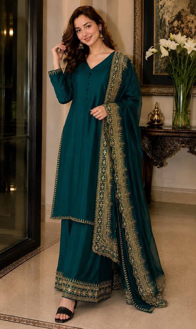 New latest stylish classic rama festive kurta set with gold zari border palazzo and dupatta