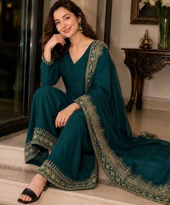  rama festive kurta set with gold zari border palazzo and dupatta 2