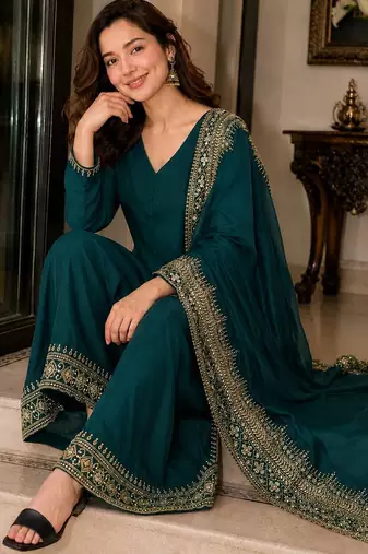 New latest stylish classic rama festive kurta set with gold zari border palazzo and dupatta