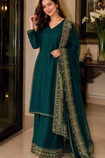 New latest stylish classic rama festive kurta set with gold zari border palazzo and dupatta